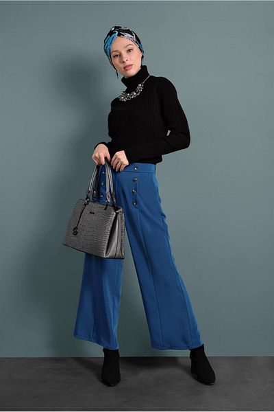 TRENDTESETTÜR Women's Navy Blue (NDIGO) Wide Leg Trousers 7578