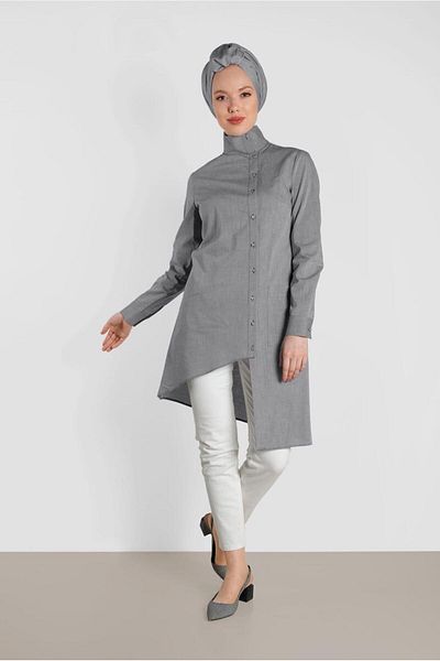 TRENDTESETTÜR Women's Black Asymmetric Cut Buttoned Tunic 4371