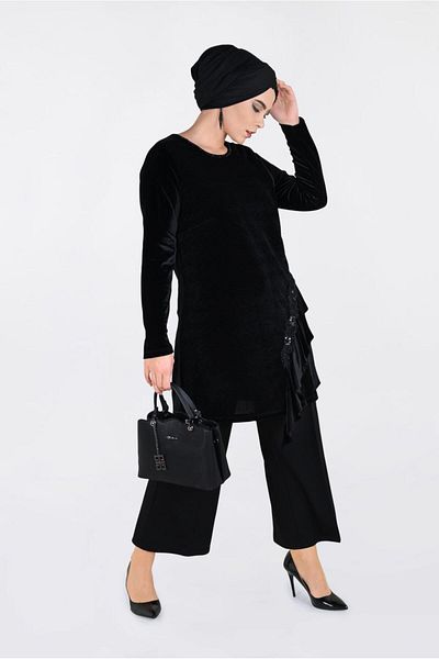 TRENDTESETTÜR Women's Black Ruffle Detailed Tunic 2756