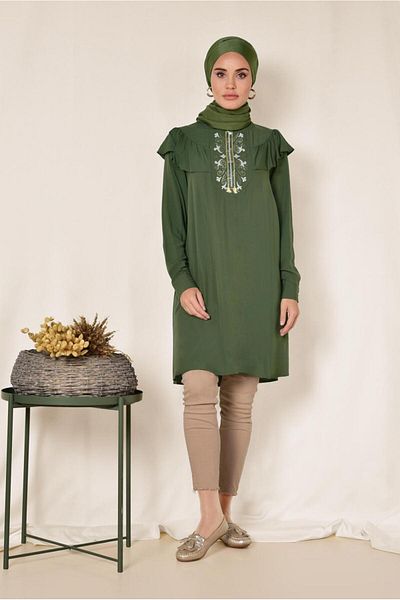 TRENDTESETTÜR Women's Khaki Collar Frilly Embroidery Detailed Tunic 4120