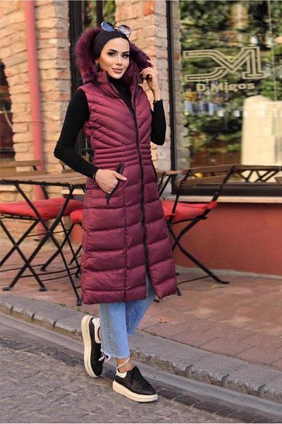 TRENDTESETTÜR Burgundy Fur Hooded Women's Inflatable Vest - 1965