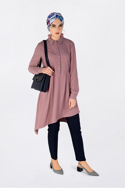 TRENDTESETTÜR Women's Powder Asymmetrical Cut Pleat Detailed Tunic 4706