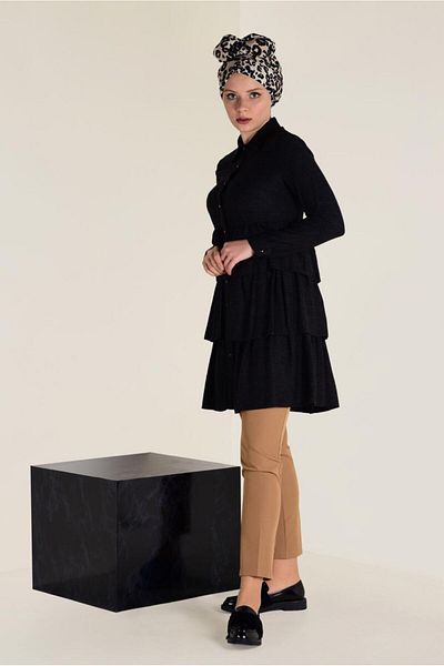 TRENDTESETTÜR Women's Black Flounced Layered Tunic 4632