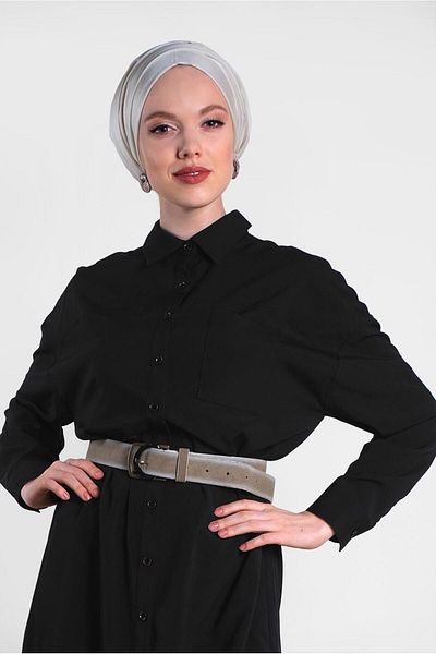 TRENDTESETTÜR Women's Black Buttoned Classic Long Tunic 4435