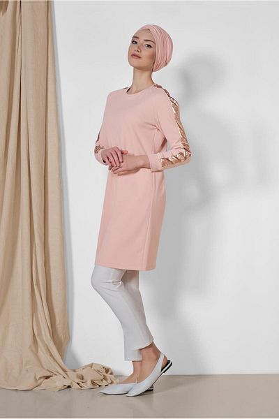TRENDTESETTÜR Powder Colored Women's Tunic with Sequins on the Arm, Model 4159