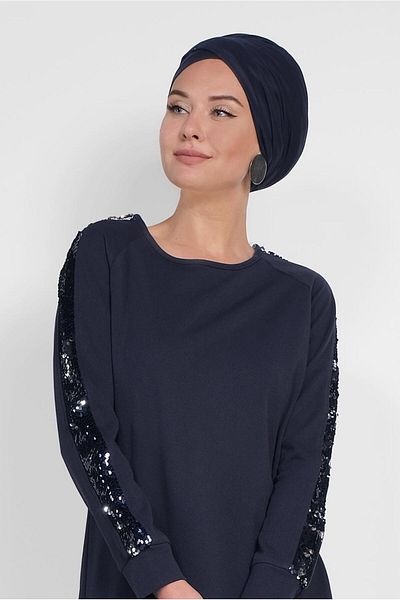 TRENDTESETTÜR Navy Blue Sequined Sleeves Women's Tunic 4159