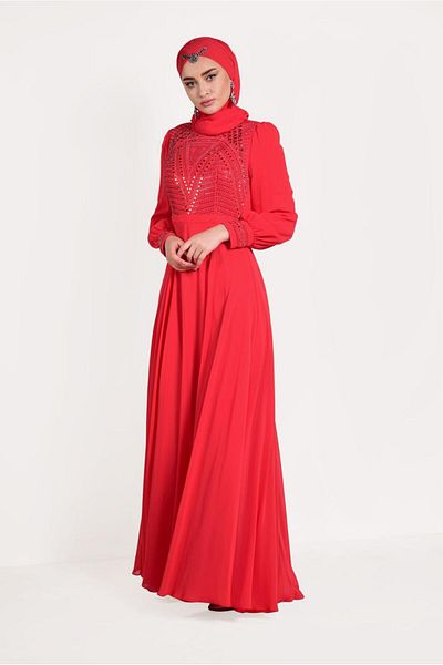 TRENDTESETTÜR Women's Coral Chiffon Evening Dress T 5426