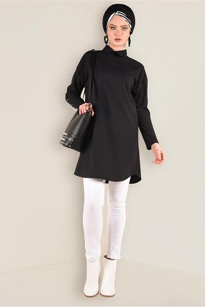 TRENDTESETTÜR Women's Black Women's Tunic with Snap Sleeves - 4661