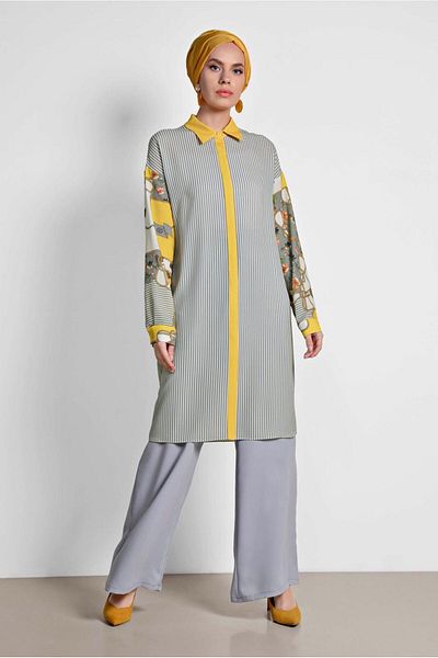 TRENDTESETTÜR Women's Gray Striped Patterned Tunic 4113
