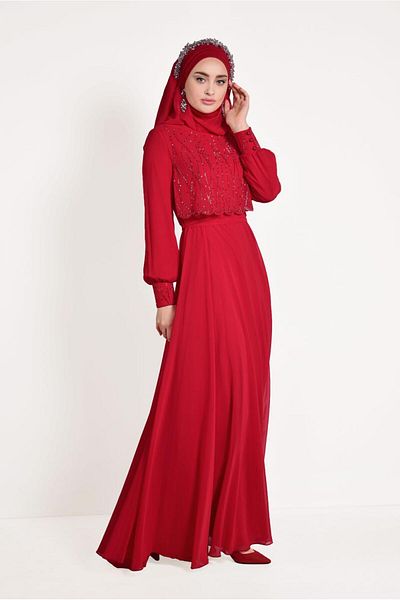 TRENDTESETTÜR T 5471 Model Stone Detailed Chiffon Evening Dress