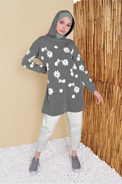 TRENDTESETTÜR Gray Floral Printed Hooded Women's Tracksuit Tunic - 0456