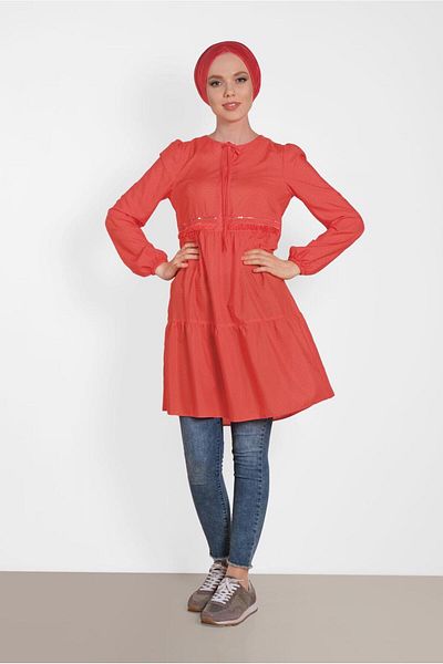 TRENDTESETTÜR Women's Red Tassel Detailed Tunic 4470