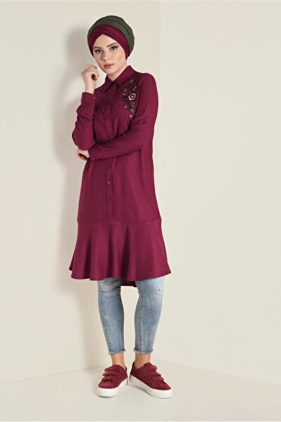 TRENDTESETTÜR Women's Red Tunic with Embroidery Detail and Buttons 4737