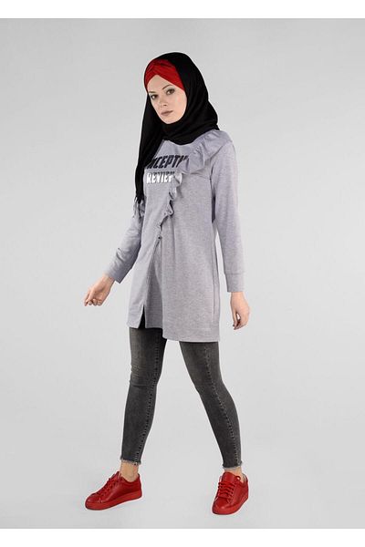 TRENDTESETTÜR Women's Gray (A. GREY) Flywheel Detailed Printed Tracksuit Tunic 4876