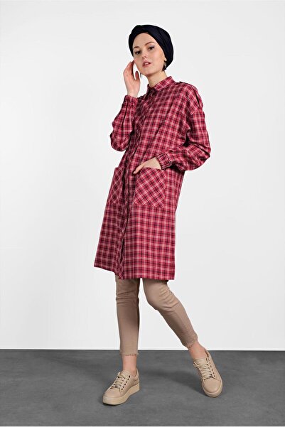 TRENDTESETTÜR Red Plaid Patterned Women's Tunic - Model 4305
