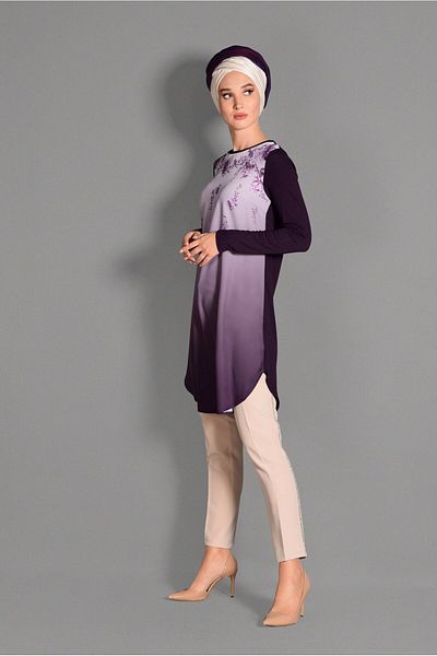 TRENDTESETTÜR Women's Purple (K.PURPLE) Print Detailed Crew Neck Tunic 4623