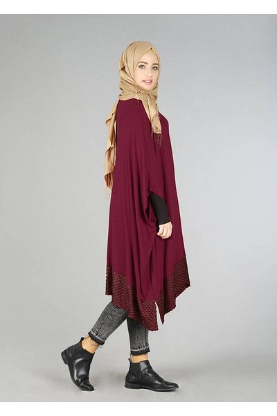 TRENDTESETTÜR Women's Claret Red Skirt Tip Patterned Bat Sleeve Tunic 4483