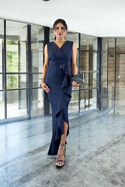 ALFUDO Moda Collection فستان نسائي من قماش الغوص بأزرار على الجهتين ذو ياقة مطوية باللون الأزرق الداكن