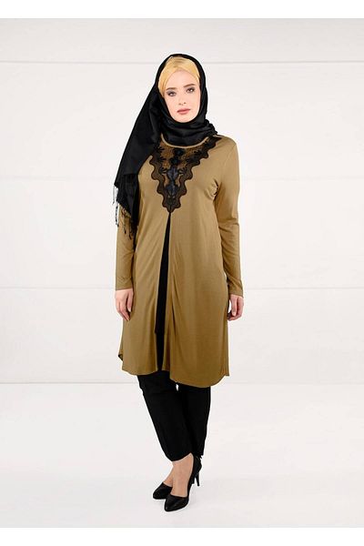 TRENDTESETTÜR Women's Orange (MUSTARD) Laced Front Slit Tunic 2611