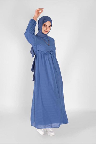 TRENDTESETTÜR Γυναικείο φόρεμα Navy Blue Indigo - Σχέδιο με κορδόνια στη μέση, Μοντέλο 1434