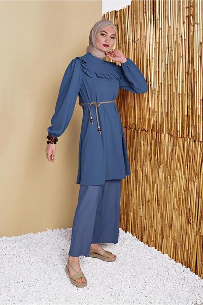 TRENDTESETTÜR Γυναικείο τουνίκ Navy Blue Indigo Straw Belted Flounced 0281