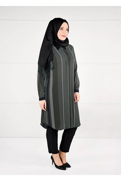 TRENDTESETTÜR Women's Khaki Line Polka Dot Patterned Tunic 4923