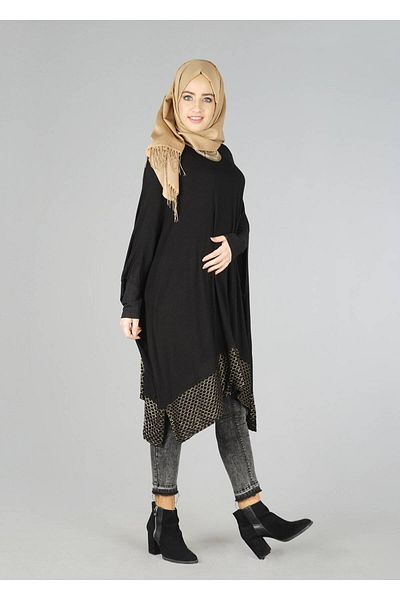 TRENDTESETTÜR Women's Black Skirt Patterned Bat Sleeve Tunic 4483