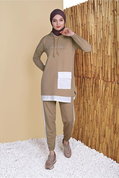 TRENDTESETTÜR Γυναικείο καφέ (CAMEL) Σετ αθλητική φόρμα με τσέπες και διπλό παντελόνι 6555
