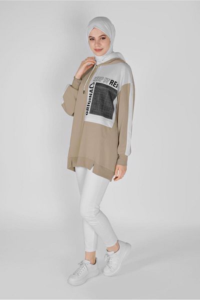 TRENDTESETTÜR Women's Brown (BISCUIT) Printed Hooded Tunic 17012