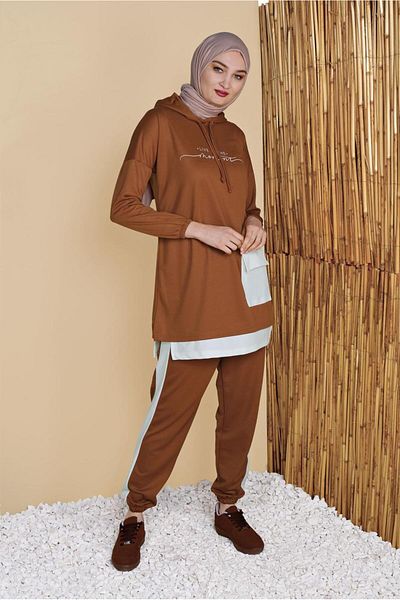 TRENDTESETTÜR بدلة رياضية نسائية بنية (بلاط) بجيب وسروال مزدوج 6555