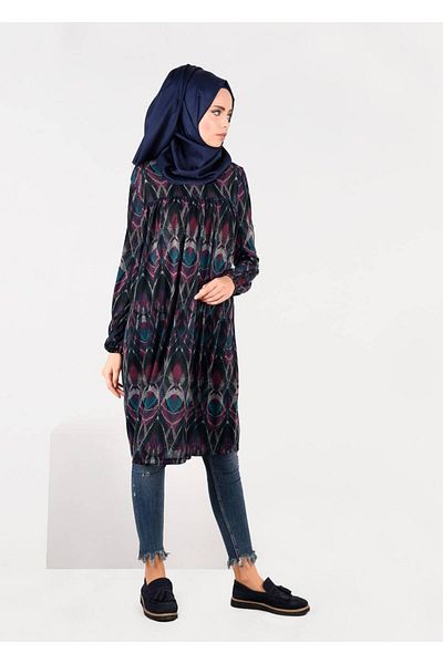 TRENDTESETTÜR Women's Navy Blue (SAKS-FUCHIA) Patterned Casual Tunic 4865-1