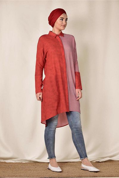 TRENDTESETTÜR Women's Red Single Side Stripe Patterned Tunic 4935