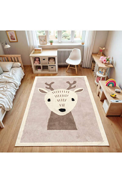 Rugs Modern Halı Asya Koleksiyonu Bej Tonlarda Sevimli Geyik Desenli Dokuma T...
