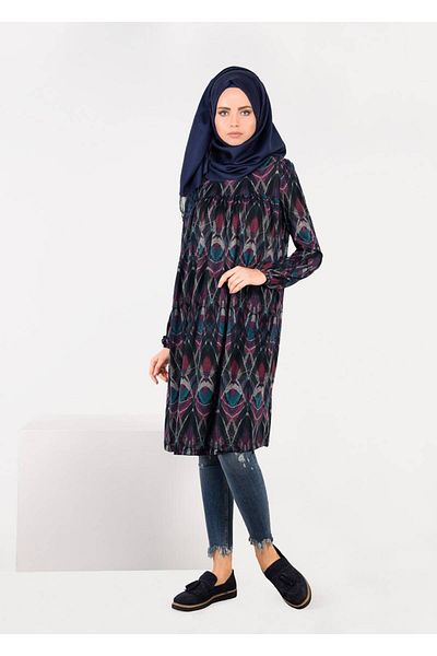 TRENDTESETTÜR Women's Navy Blue (SAKS-FUCHIA) Patterned Casual Tunic 4865-1