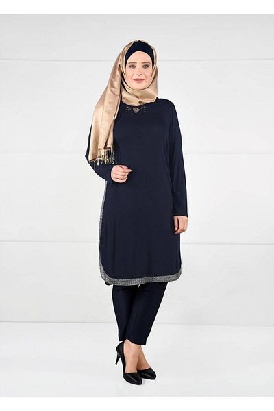 TRENDTESETTÜR Women's Navy Blue Side Striped Combed Cotton Tunic 2638