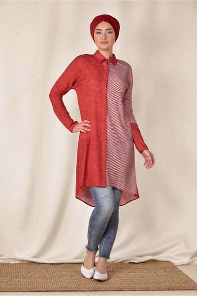 TRENDTESETTÜR Women's Red Single Side Stripe Patterned Tunic 4935