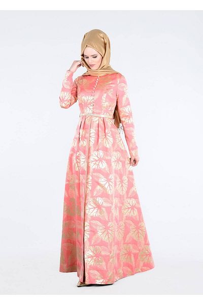 TRENDTESETTÜR Women's Coral Belted Buttoned Front Evening Dress 5284
