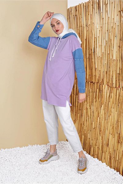 TRENDTESETTÜR Women's Purple (LILA) Denim Hooded Tunic with Sleeve 821