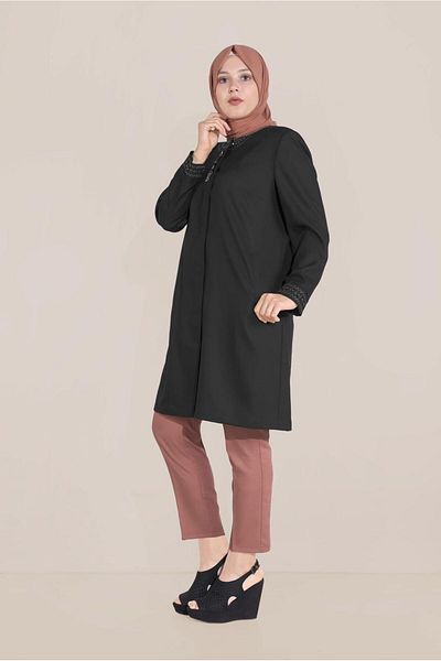 TRENDTESETTÜR Γυναικεία μαύρη κεντημένη καμπαρντίνα με λαιμόκοψη 10232