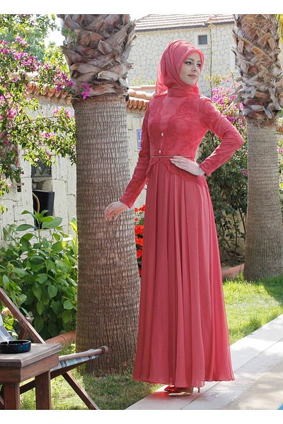 TRENDTESETTÜR Women's Coral Embroidery Fabric Detailed Evening Dress 5033