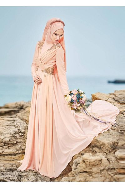 TRENDTESETTÜR Γυναικεία Πούδρα (ΣΟΜΟΝ) Βραδινό Φόρεμα Πολλαπλών Σιφόν με Λεπτομέρεια Κέντημα με Χάντρες 5356