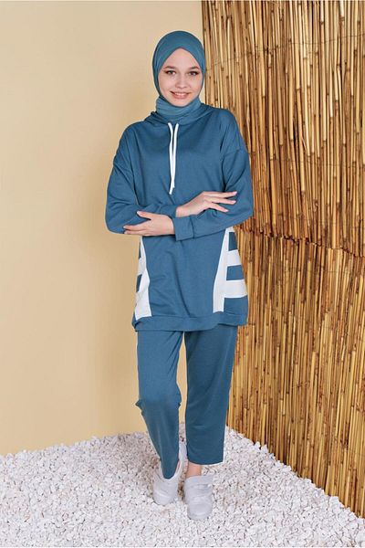 TRENDTESETTÜR Γυναικεία Σετ Φόρμας Μπλε Navy Blue (INDIGO) Δίχρωμη Φόρμα με κουκούλα 5256