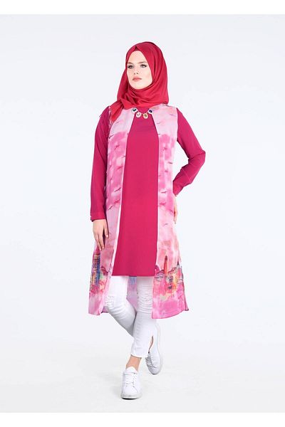 TRENDTESETTÜR Women's Fuchsia T 4401 Criss Hijab Tunic