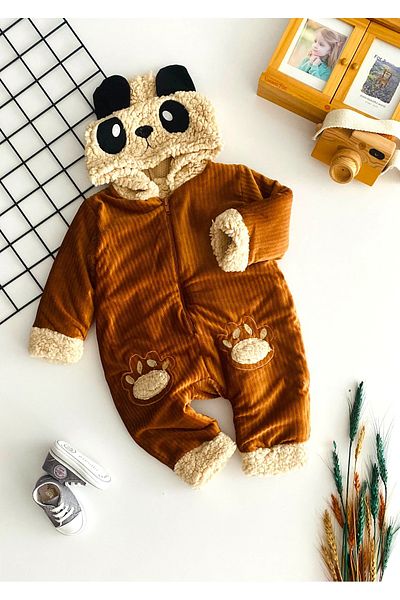 DERİNBEBE Brick Color Cheerful Baby Romper - Welsoft Velvet with Hood and Panda