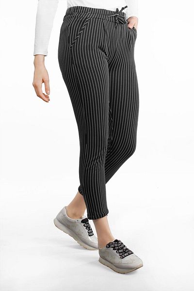 TRENDTESETTÜR Women's Black Striped Trousers with Pockets and Laces 9206