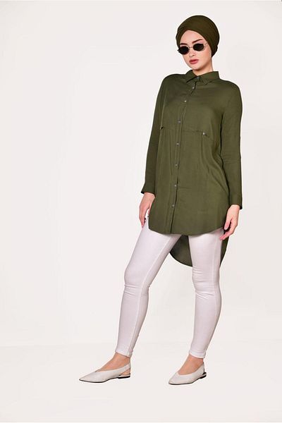 TRENDTESETTÜR Women's Khaki Buttoned Front Tunic T 8391