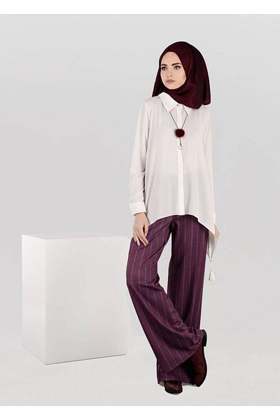 TRENDTESETTÜR Burgundy Striped Women's Pants 7034 - Loose Fitting