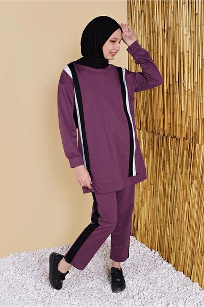 TRENDTESETTÜR Women's Plum Stripe Detailed Trousers Tracksuit Set 8256