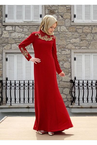 TRENDTESETTÜR Women's Red Glazed Embroidery Detailed Evening Dress 5057