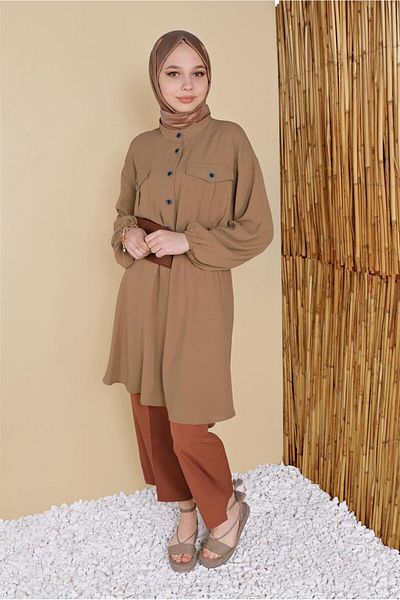 TRENDTESETTÜR Women's Brown Pocket Waist Lace-up Tunic 9181